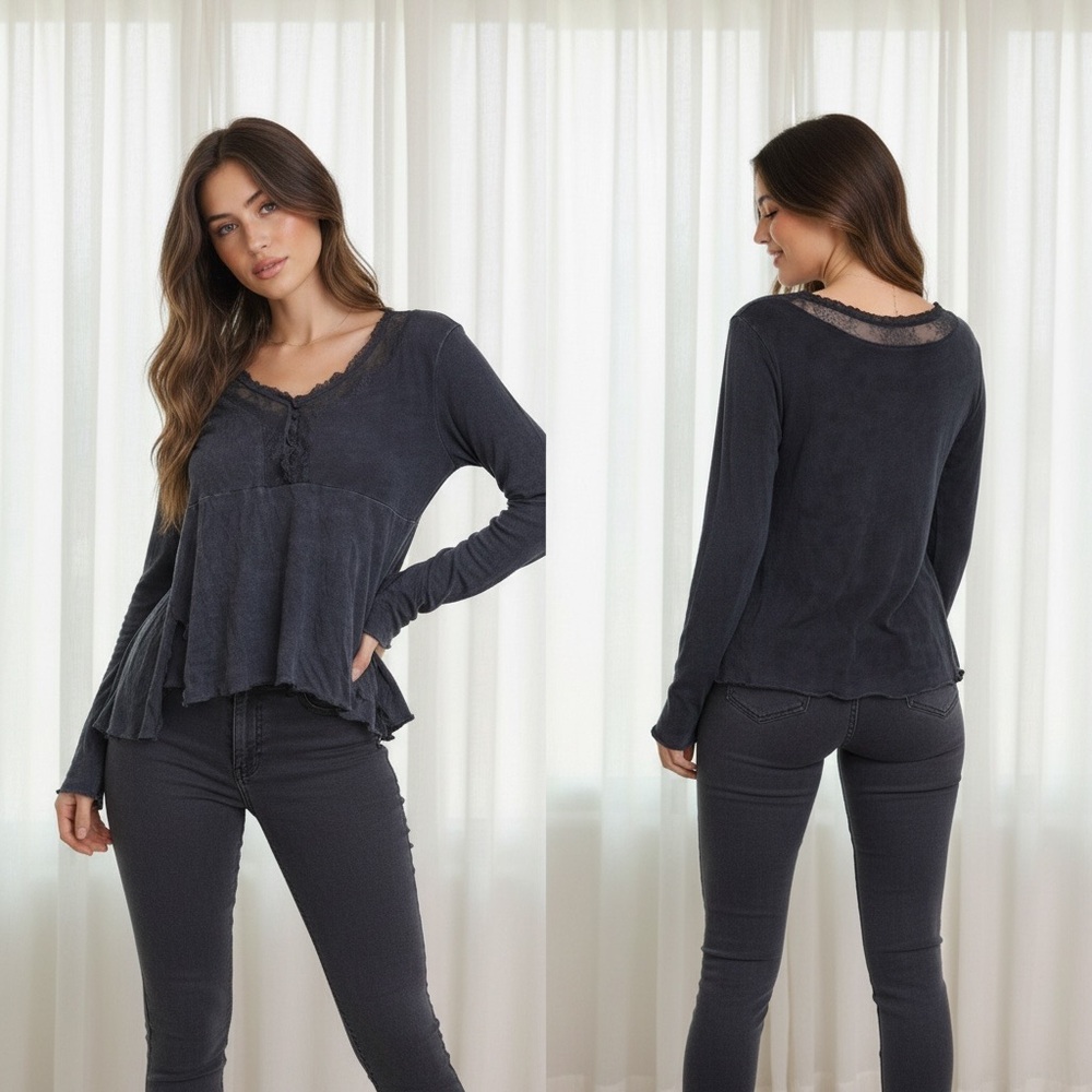Pol Washed out faded Black Lace Long Sleeve Top size large